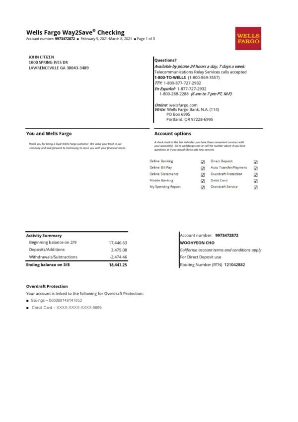 USA Woodforest bank statement Excel and PDF template, 3 pages