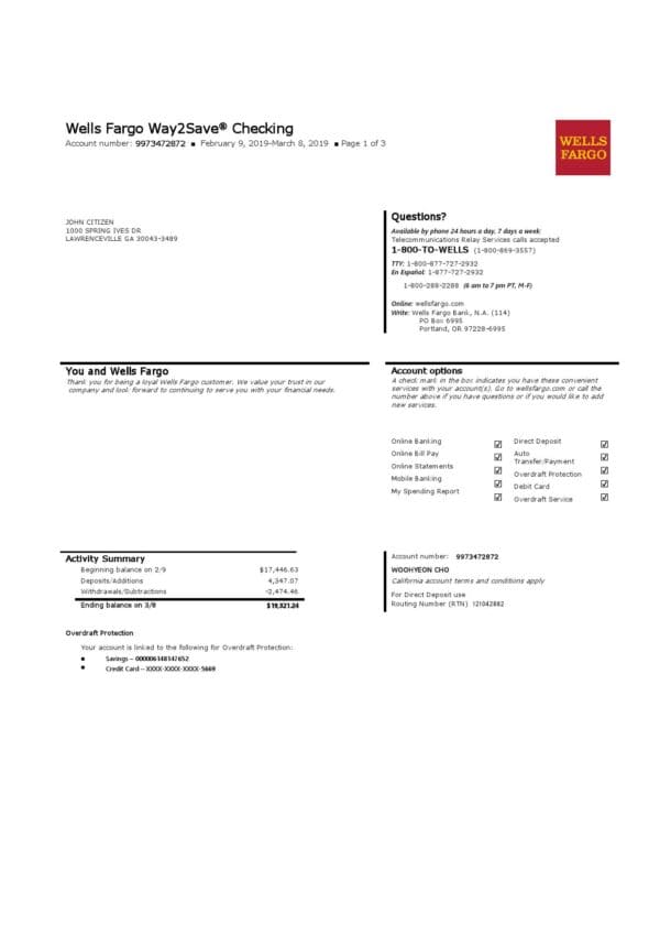 USA Bank of America bank statement template in Word and PDF format, version 4