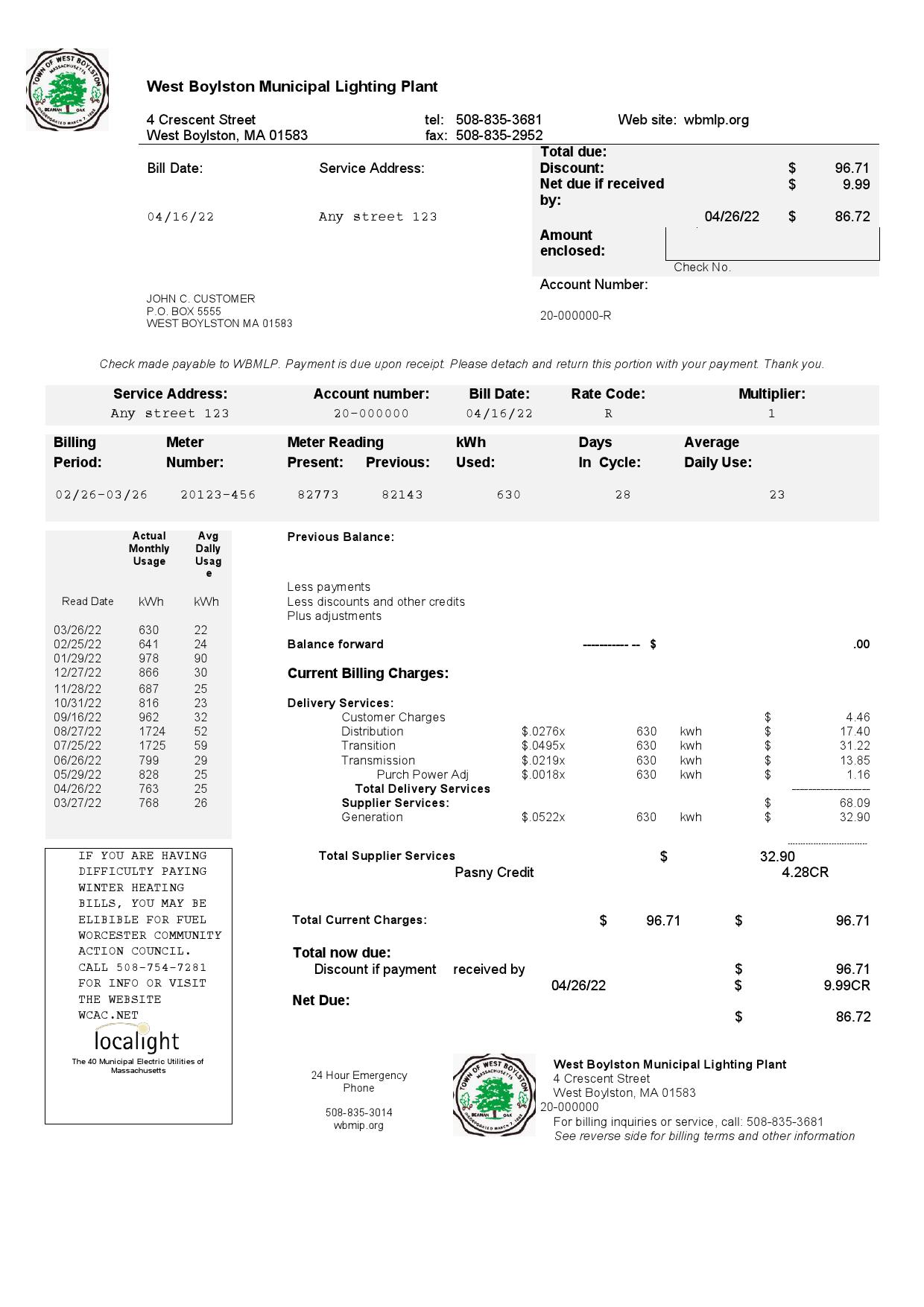 USA West Boylston utility bill template in Word and PDF format