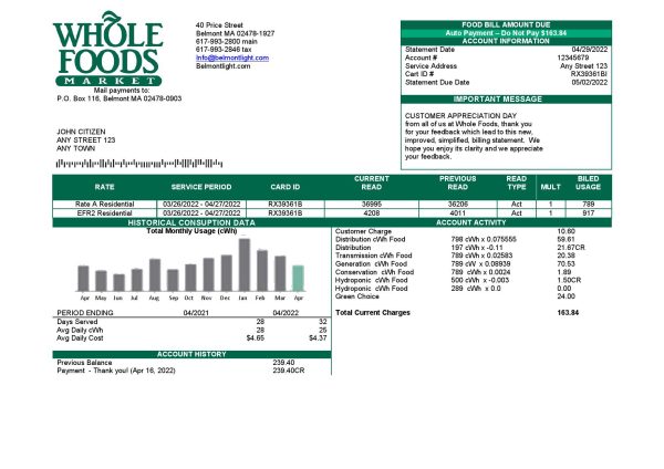 USA Whole Foods Market utility bill template in Word and PDF format