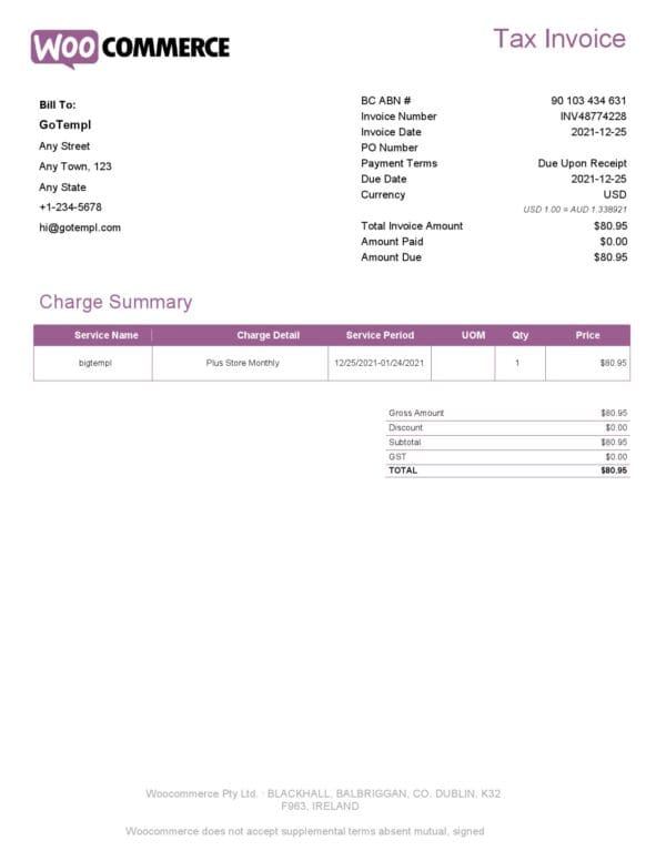 High-Quality Ireland WooCommerce tax Invoice Template PDF | Fully Editable