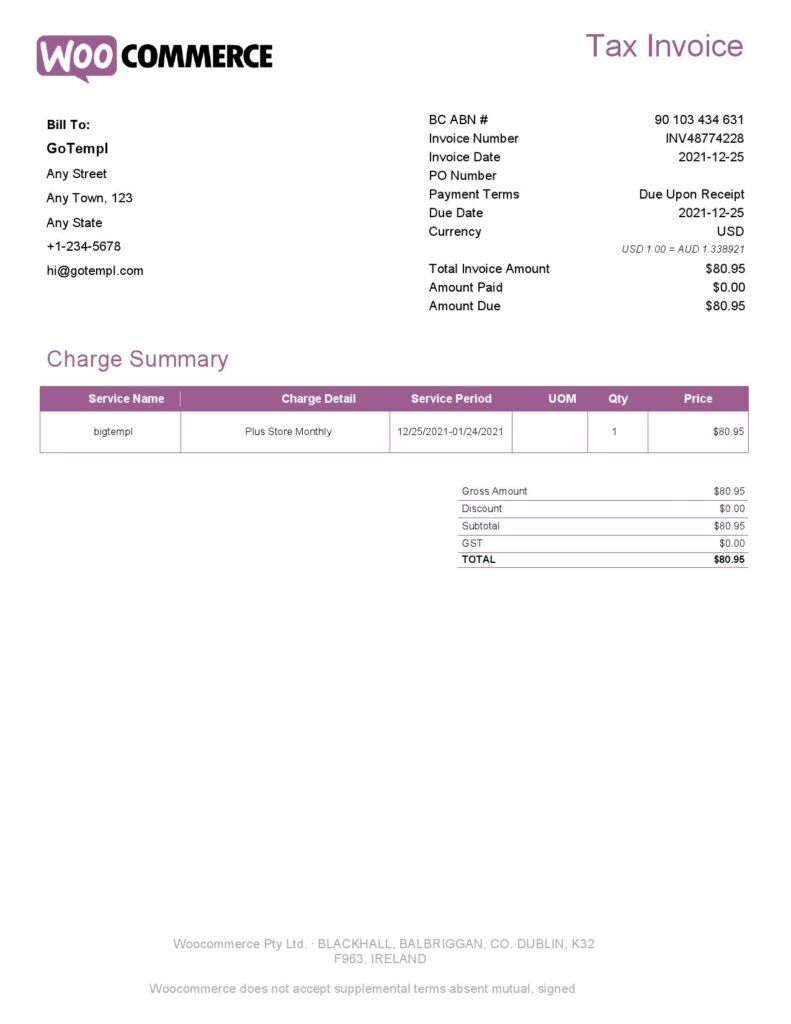 Ireland WooCommerce tax invoice template in .doc and .pdf format, fully editable