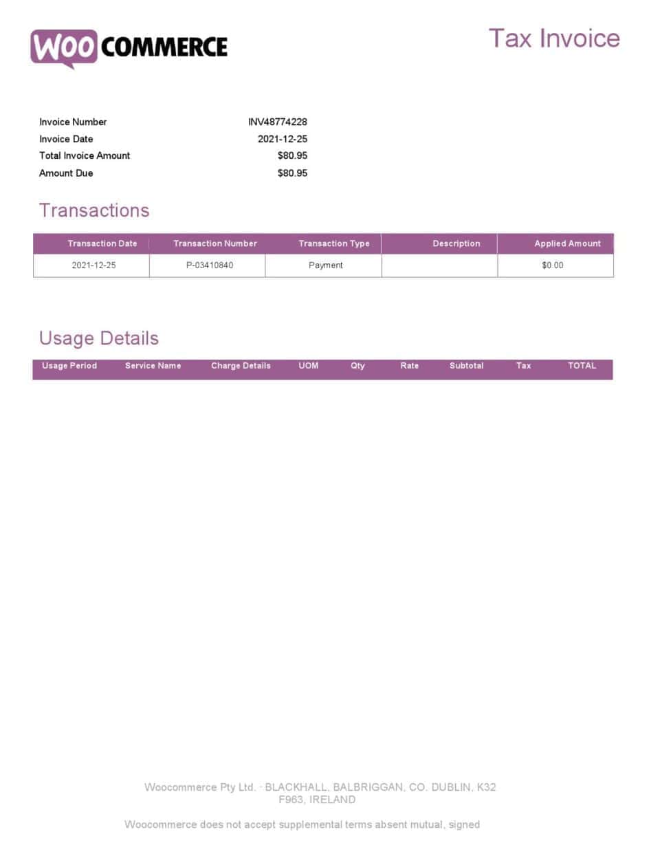 High-Quality Ireland WooCommerce tax Invoice Template PDF | Fully Editable