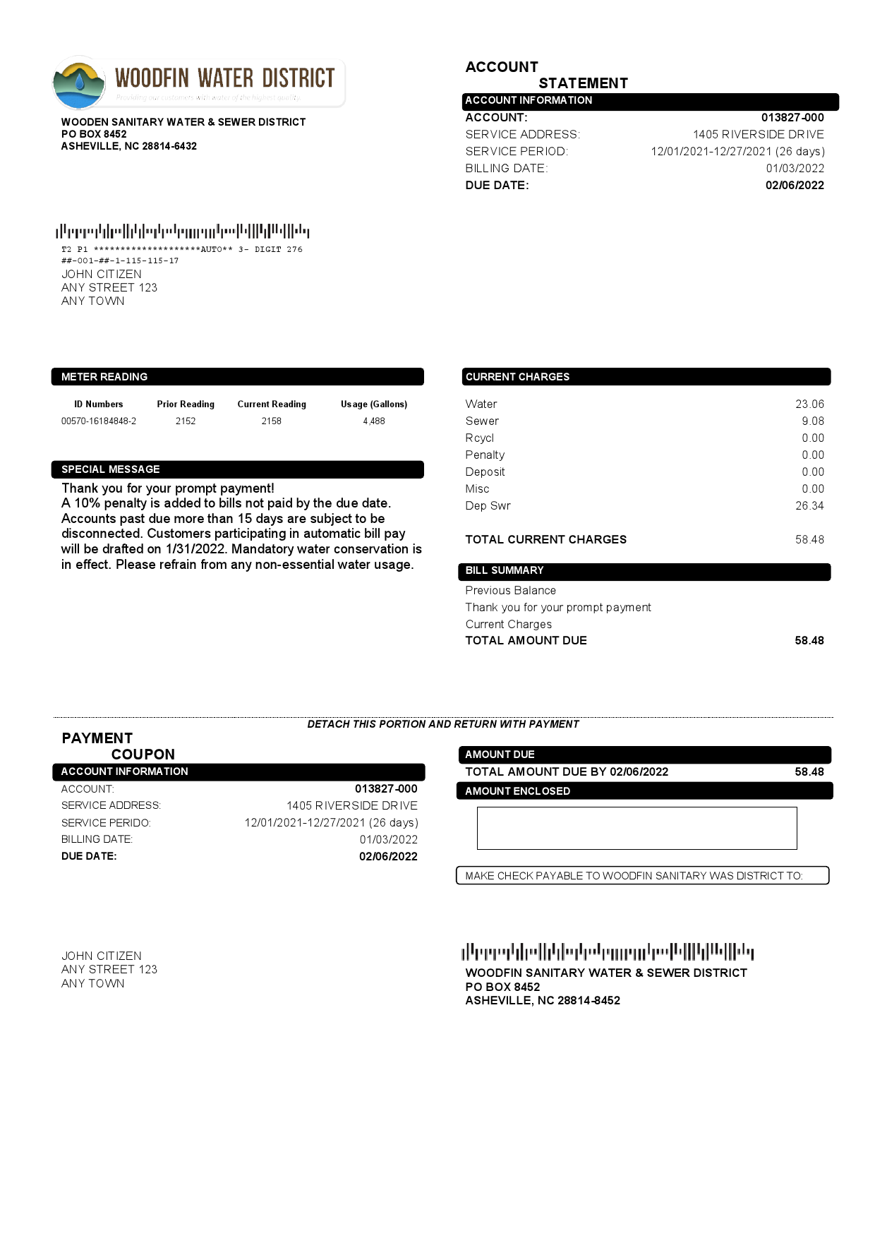 USA North Carolina Woodfin Sanitary Water & Sewer District utility bill template in Word and PDF format