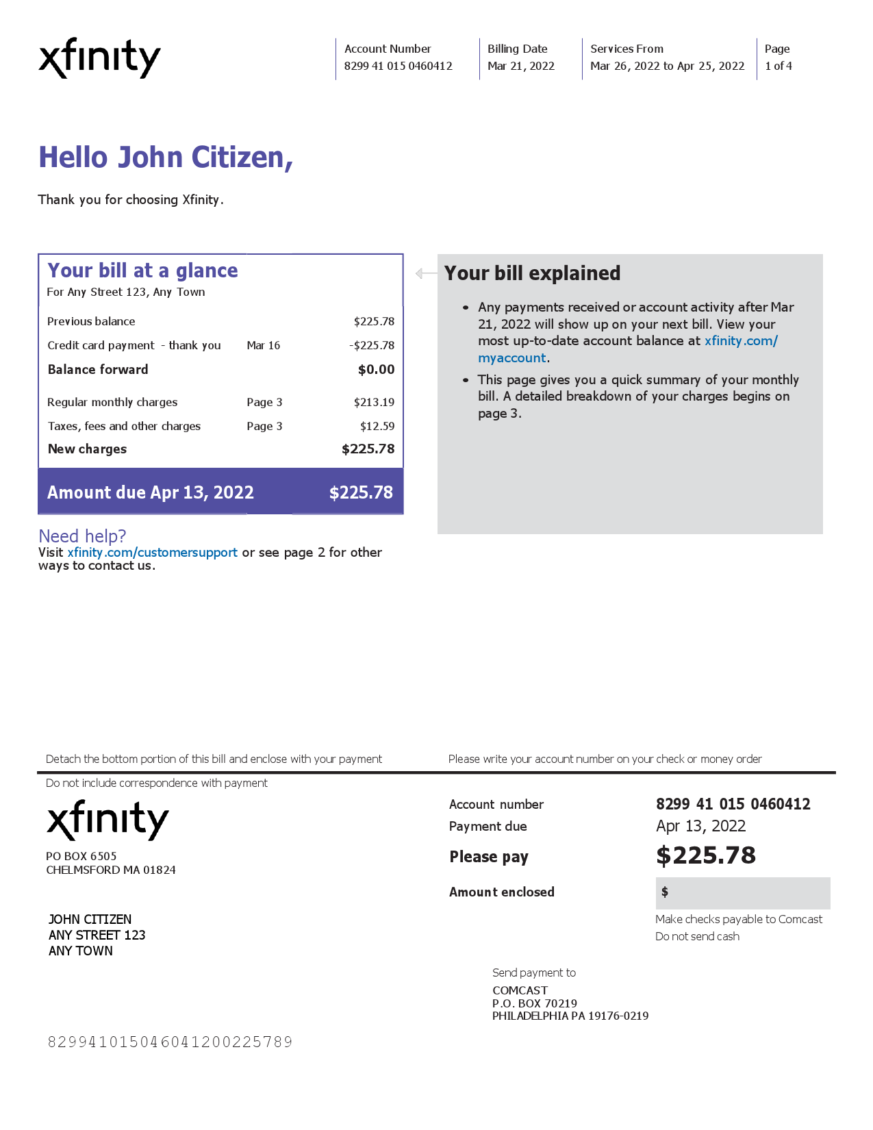 USA Philadelphia Xfinity utility bill Word and PDF template, 4 pages