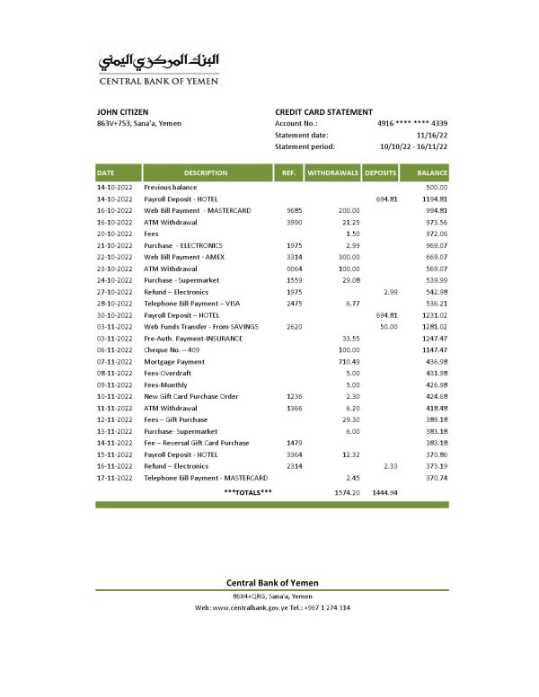 Yemen Central Bank of Yemen bank statement Excel and PDF template 600x776 - Cart