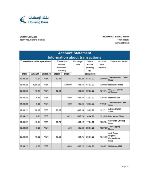 Yemen Housing bank statement Excel and PDF template 600x776 - Cart
