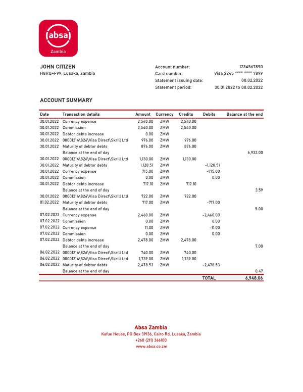 Zambia Absa bank statement Excel and PDF template 600x776 - Cart