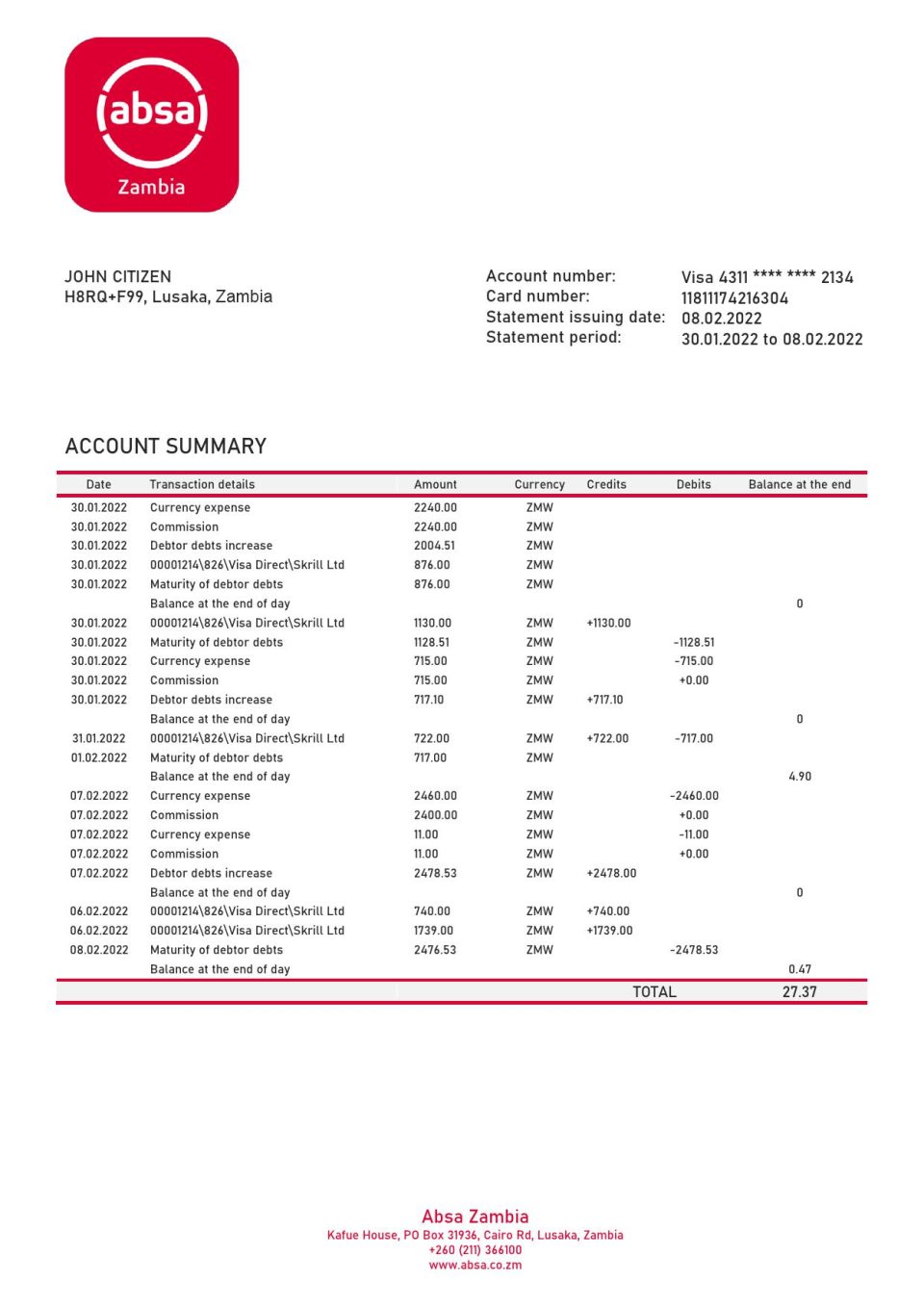 Zambia Absa bank statement template in Word and PDF format