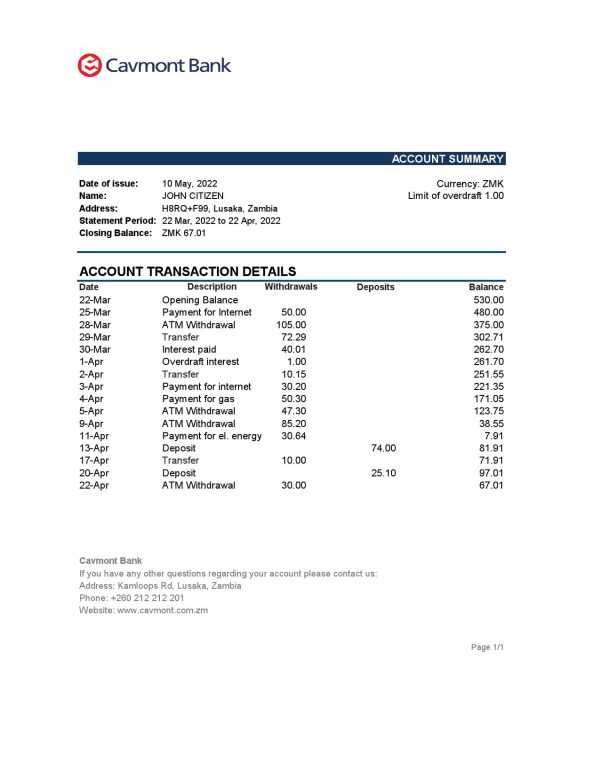 Zambia Cavmont bank statement Excel and PDF template 600x776 - Cart