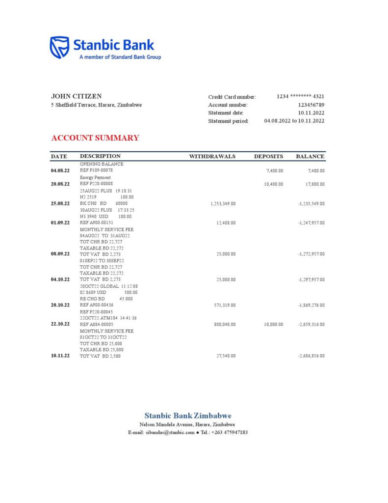 Zimbabwe Stanbic bank statement, Excel and PDF template