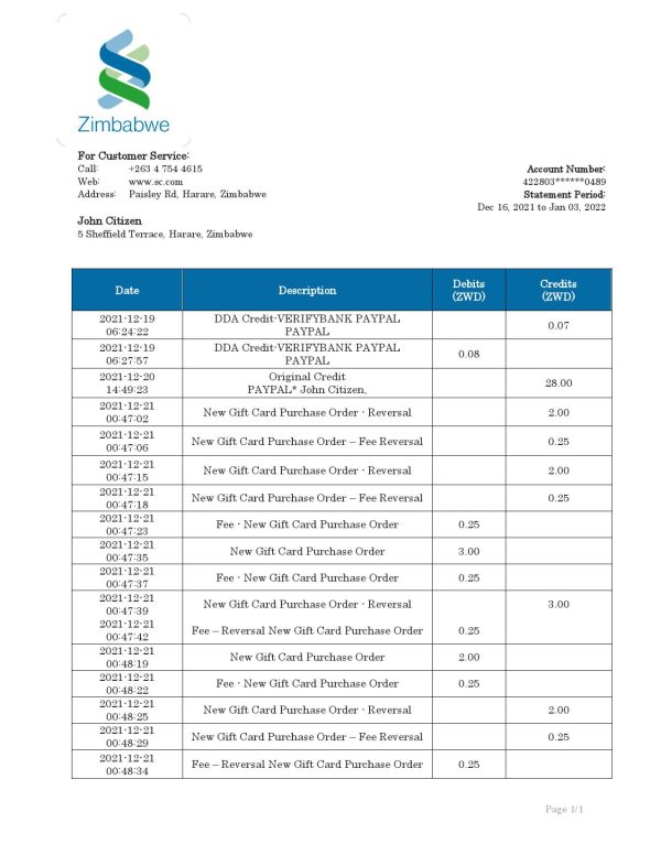 Zimbabwe Standard Chartered Bank statement template in Word and PDF format 600x776 - Cart