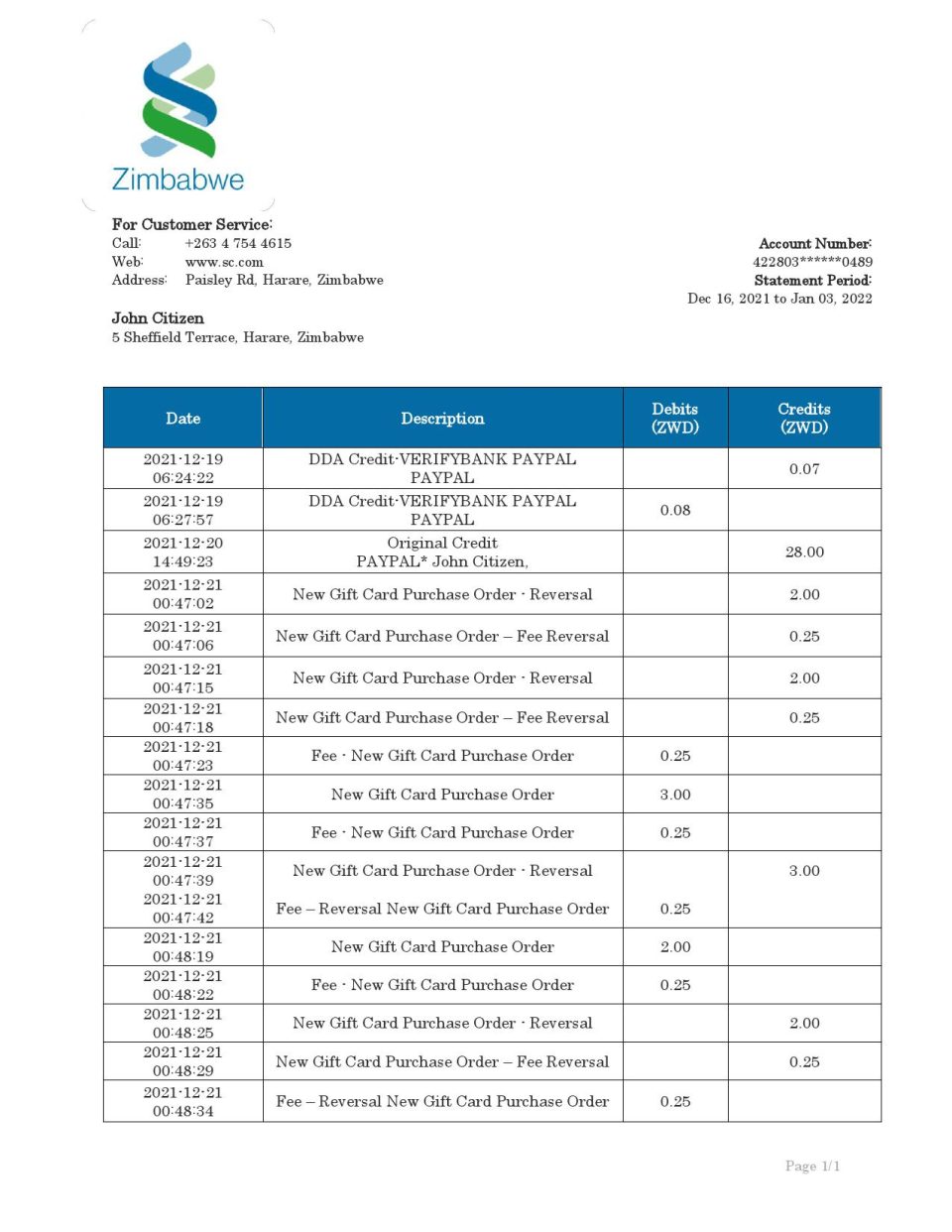 Zimbabwe Standard Chartered Bank statement template in Word and PDF format