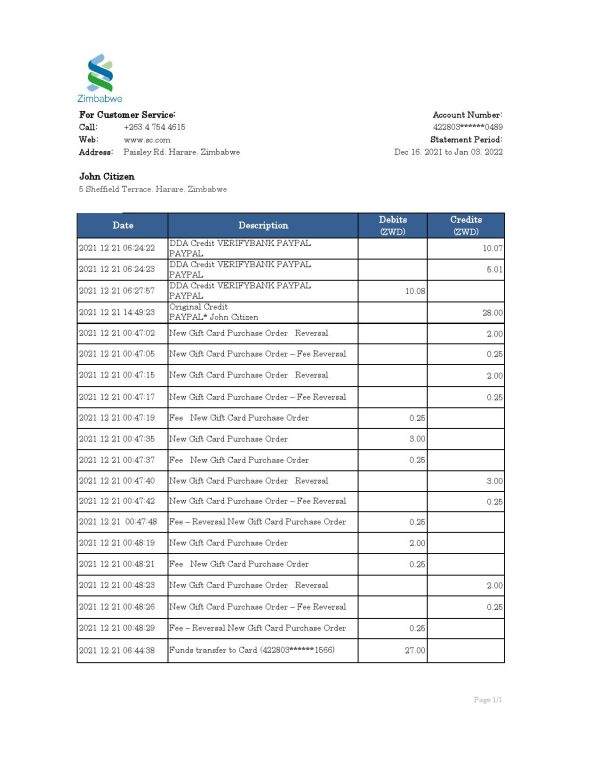 Zimbabwe Standard Chartered bank statement Excel and PDF template 600x776 - Cart