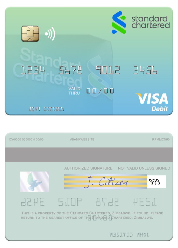Editable Zimbabwe Standard Chartered visa debit credit card Templates in PSD Format