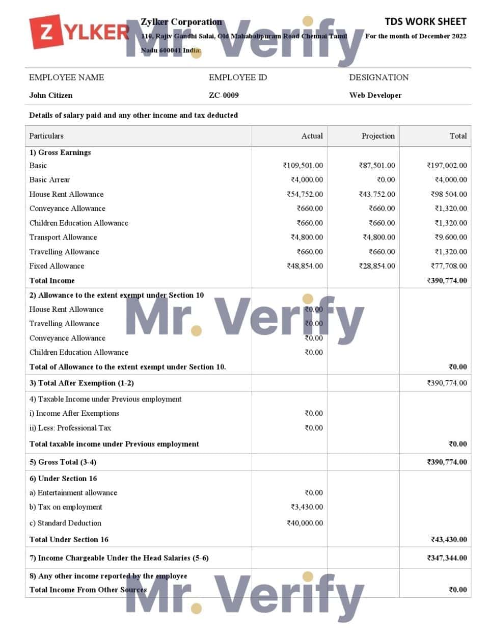 India Zylker Corporation software company pay stub Word and PDF template