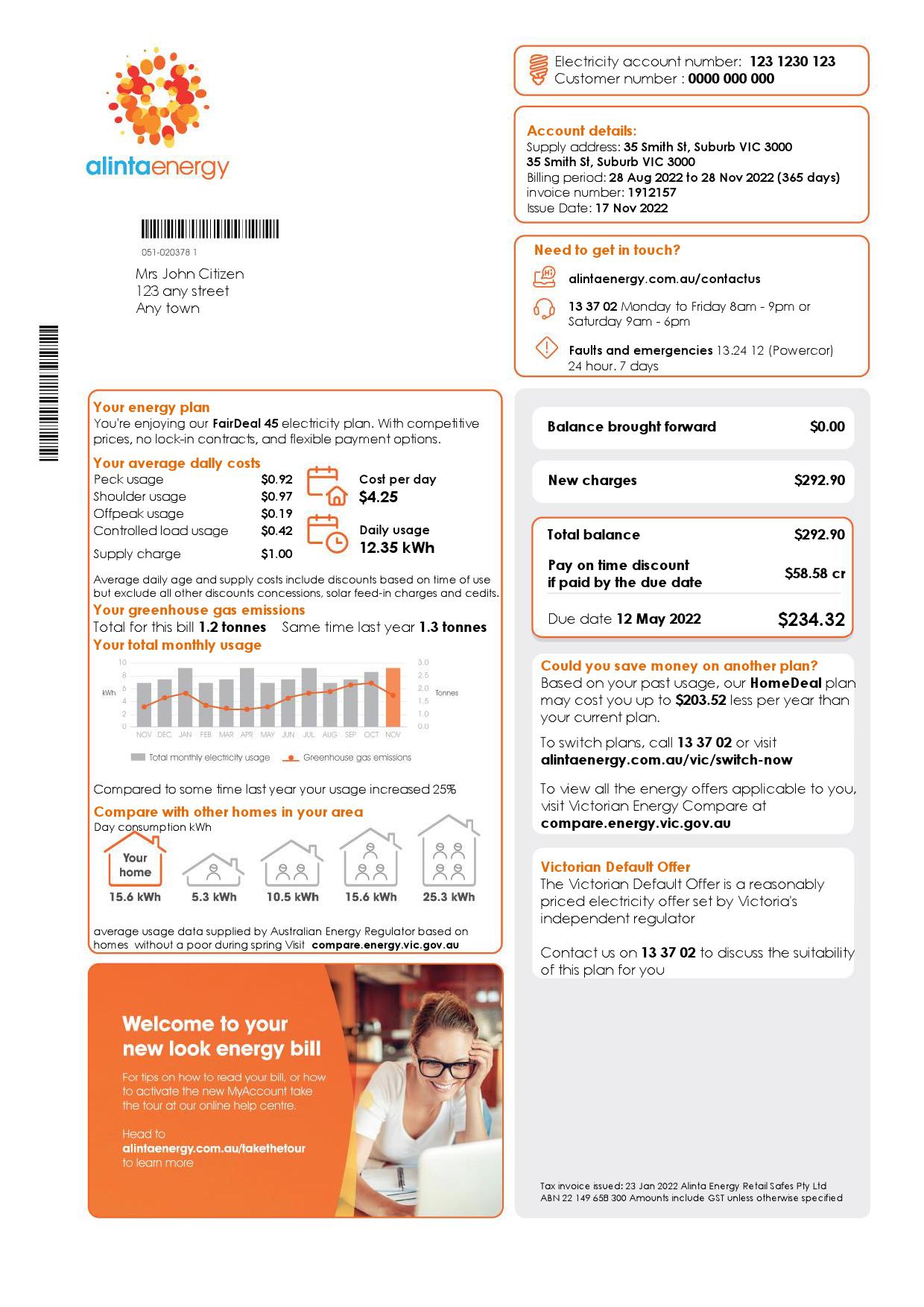 Australia Alinta Energy gas utility bill template in Word and PDF format, 2 pages