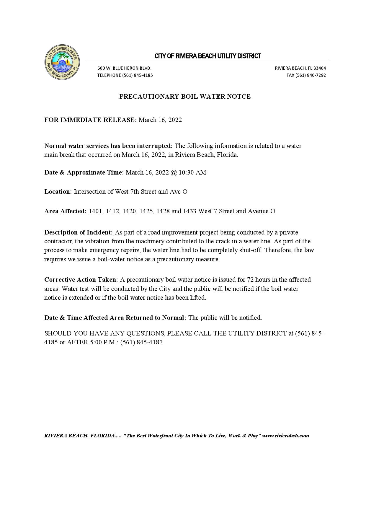 USA Florida City of Riviera Beach utility district water utility shut off notice, Word and PDF template