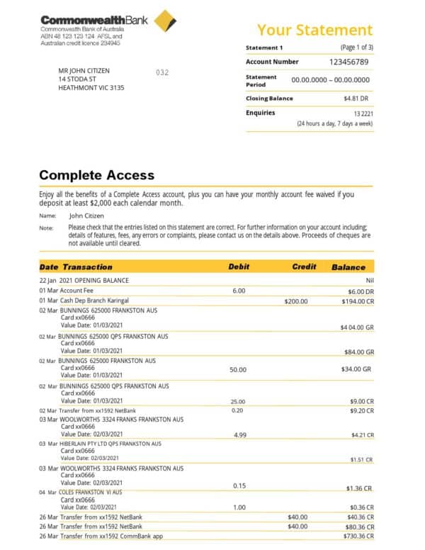 Australia Commonwealth bank statement template in Word and PDF format (3 pages), version 2