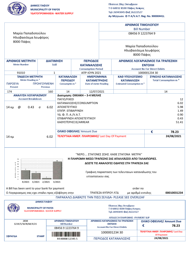 Cyprus water utility bill template in Word and PDF format, good for address prove water utility bill template in Word and PDF format, good for address prove