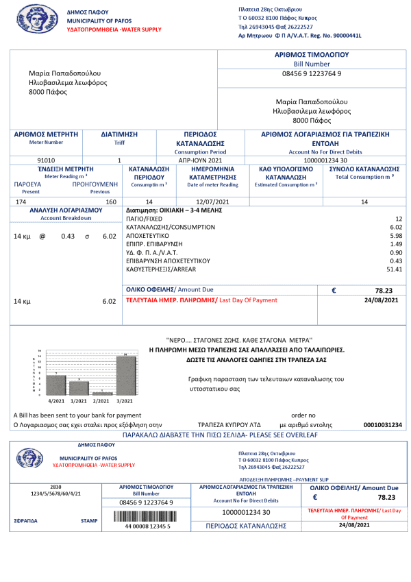 Cyprus water utility bill template | Word and PDF format