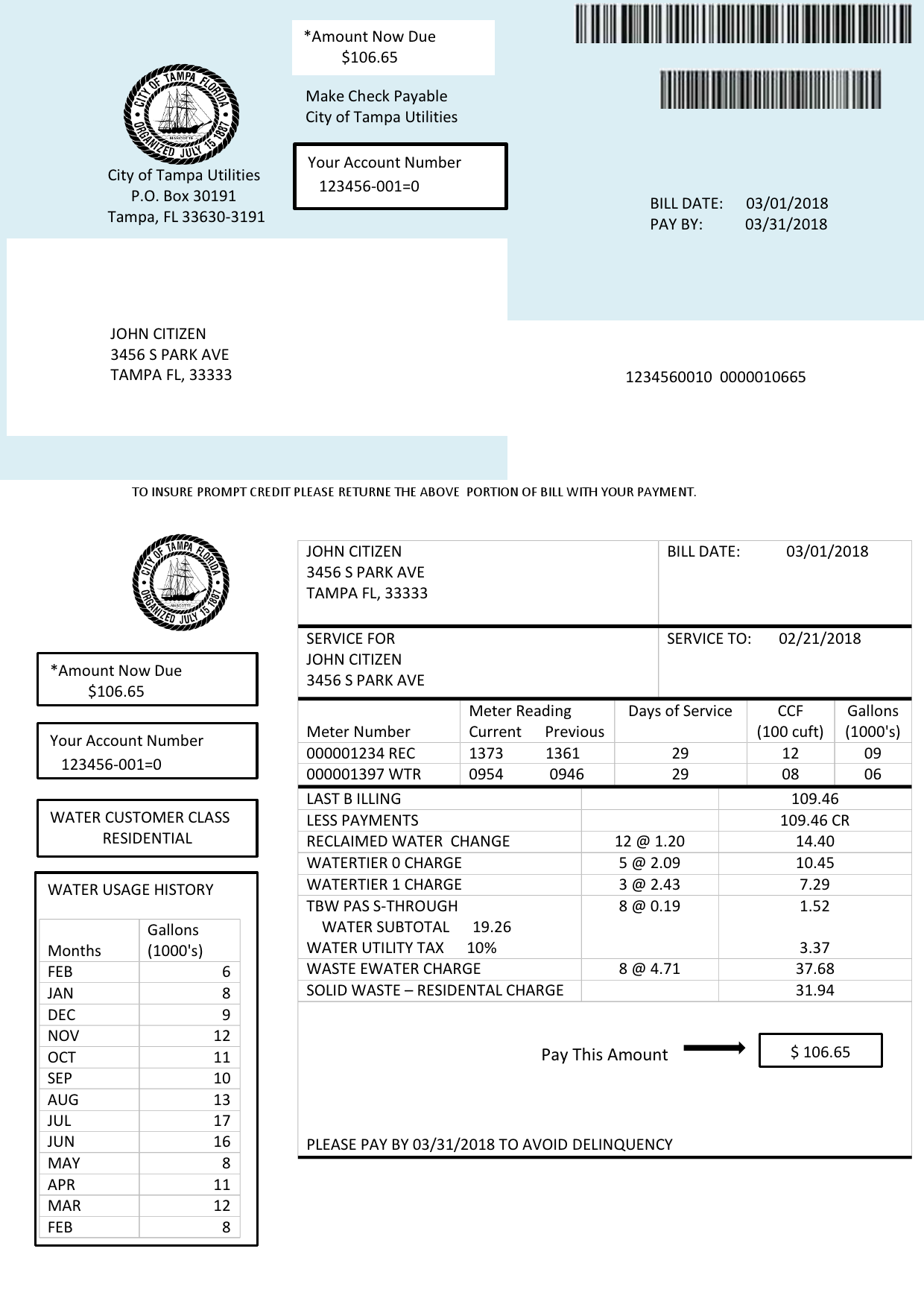 USA Florida water utility bill template in Word and PDF format
