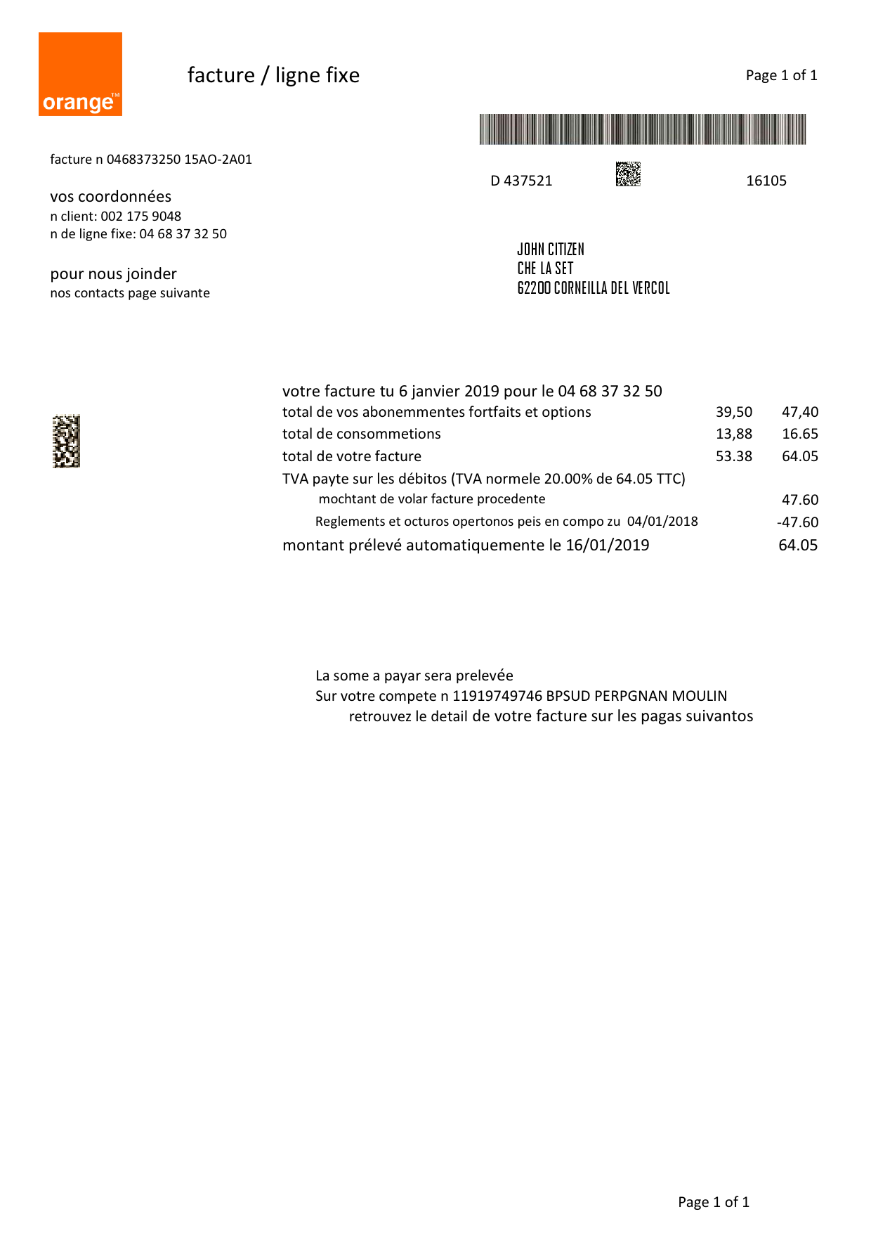 France Orange utility bill template in Word and PDF format