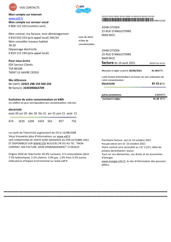 France EDF proof of address utility bill template in Word and PDF format