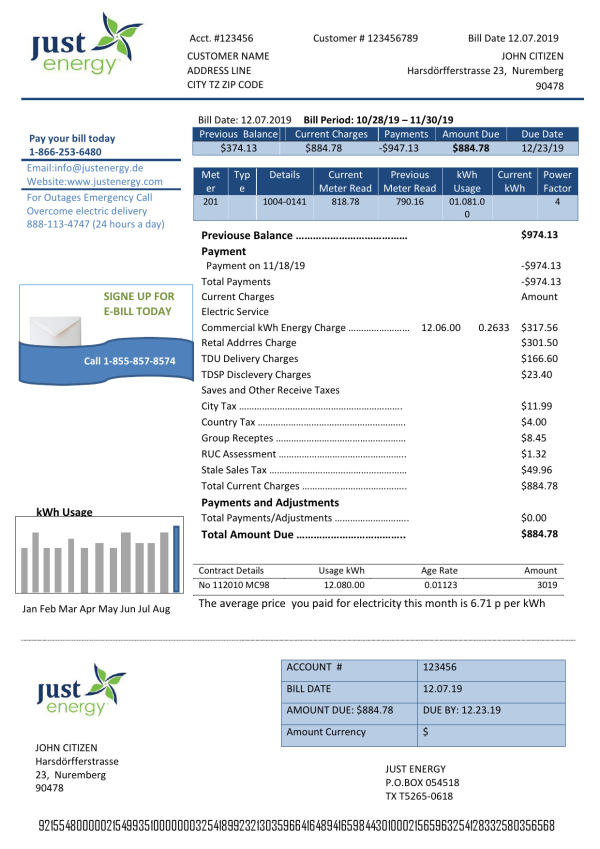 Germany Just Energy utility bill template in Word and PDF format (.doc and .pdf)