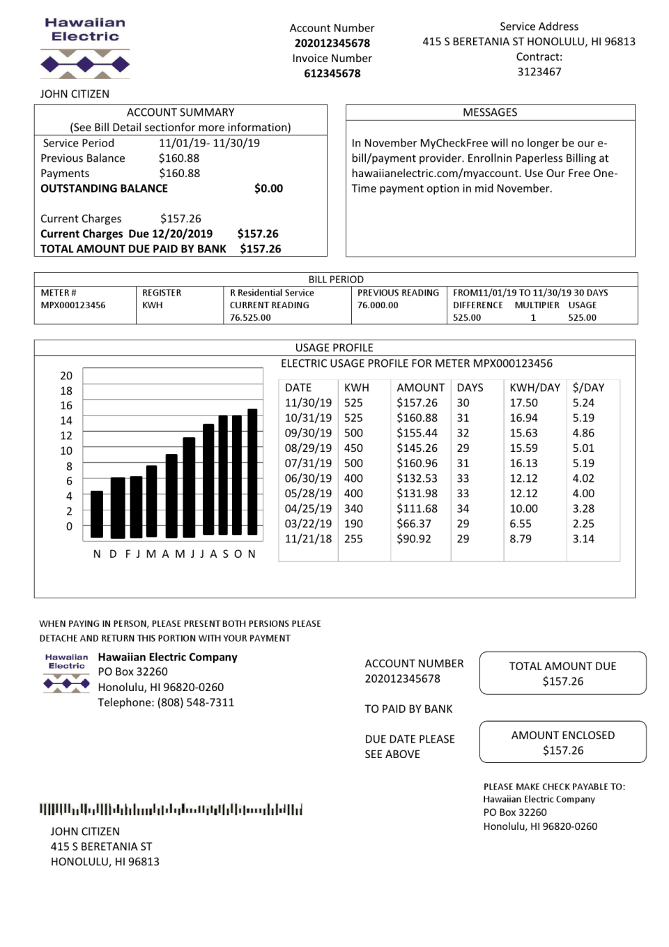 USA Hawaiian Electric utility bill template in Word and PDF format (.doc and .pdf)