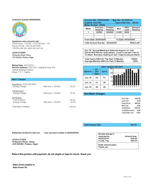 Nigeria Nigerian Electricity Regulatory Commission electricity utility bill template in Word and PDF format