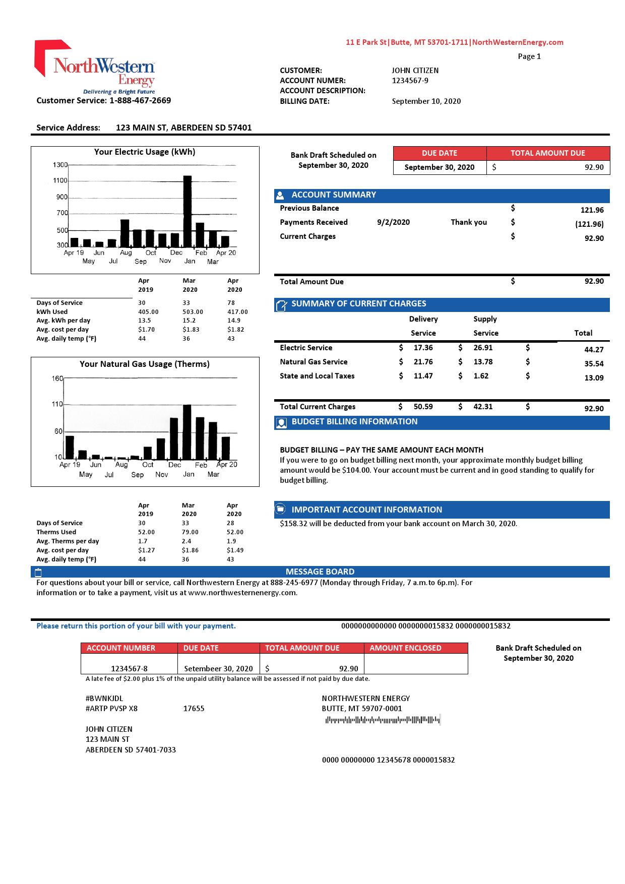 USA NorthWestern Energy utility bill template in Word and PDF format, version 2