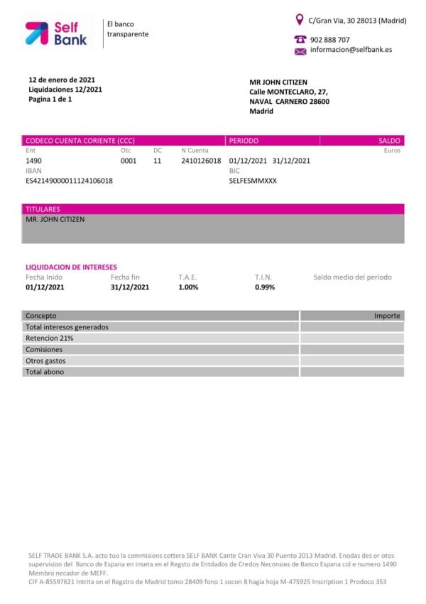 Spain Self Bank proof of address statement template in Word and PDF format, .doc and .pdf format
