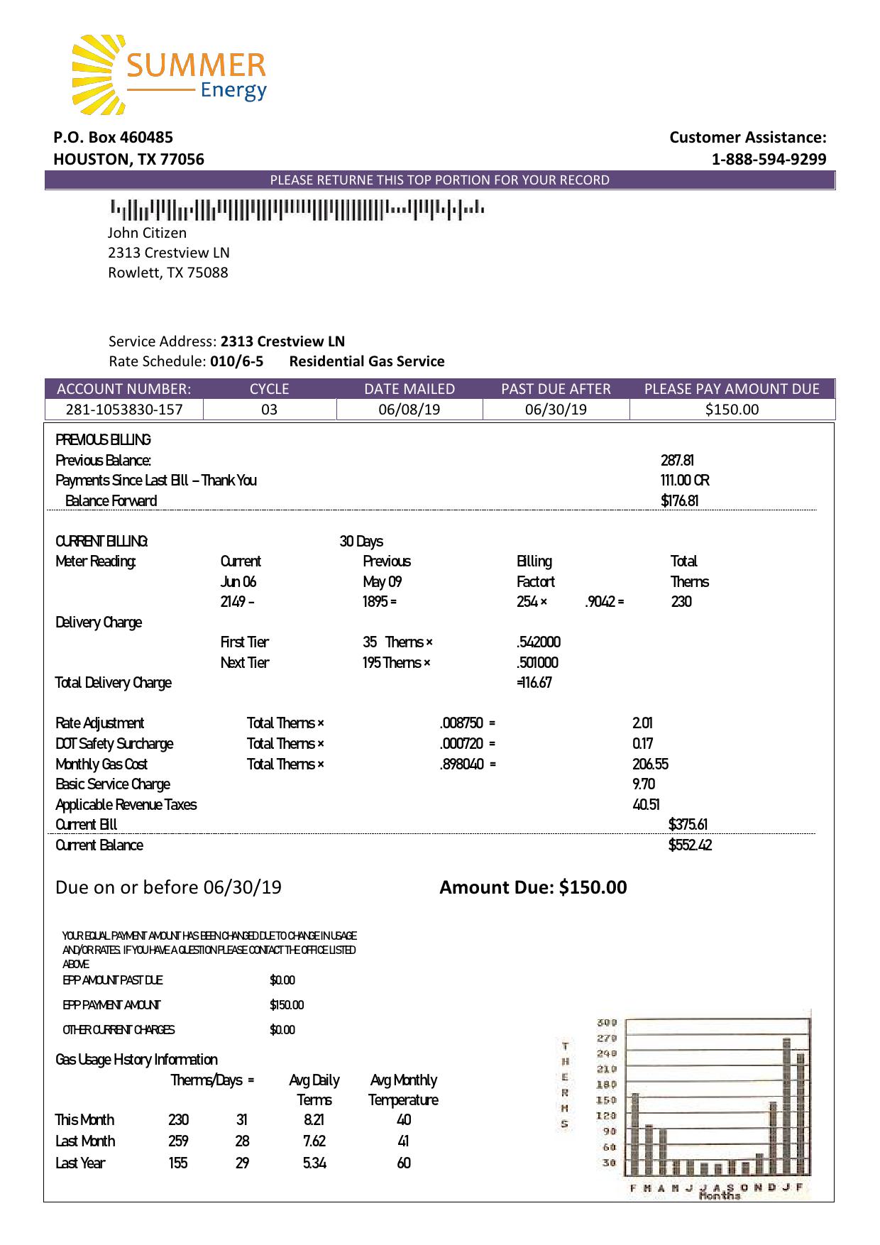 USA Texas Summer Energy easy fillable utility bill template in Word and PDF format