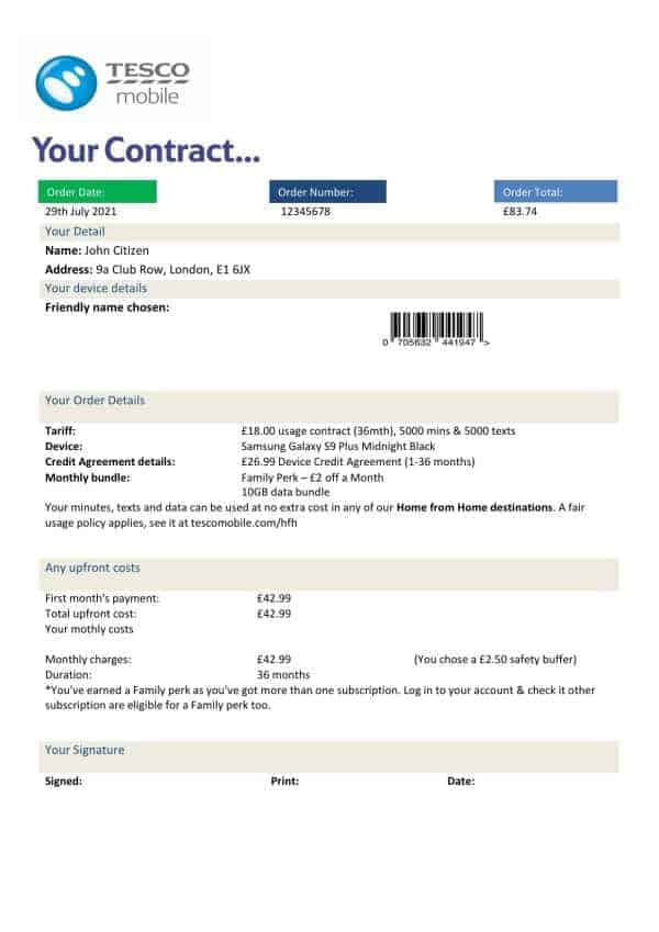 United Kingdom Tesco Mobile utility bill template in Word and PDF format