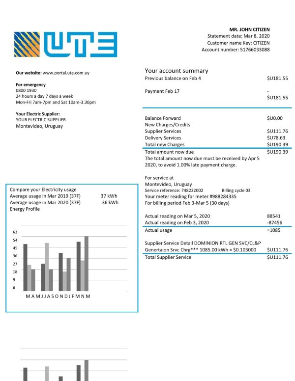 Uruguay UTE Company electricity utility bill template in Word and PDF format