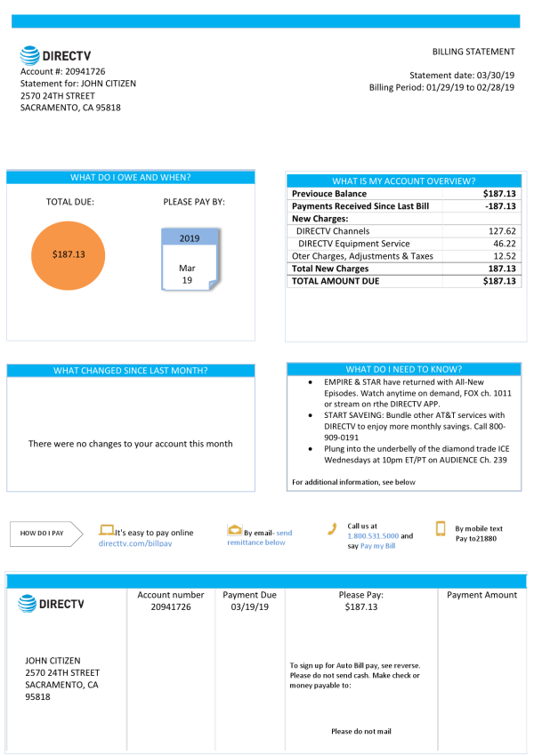 USA California Directv utility bill template in Word and PDF format, good for address prove