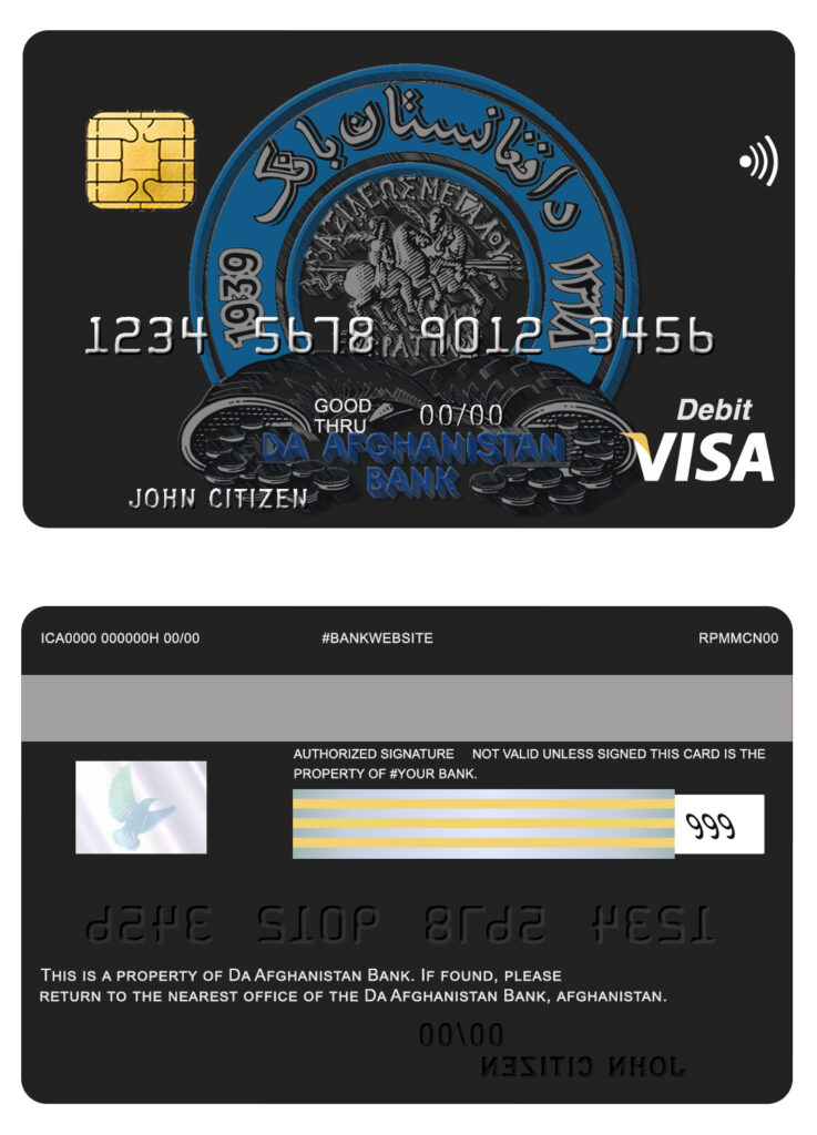 Editable Afghanistan Da bank debit visa card Templates in PSD Format