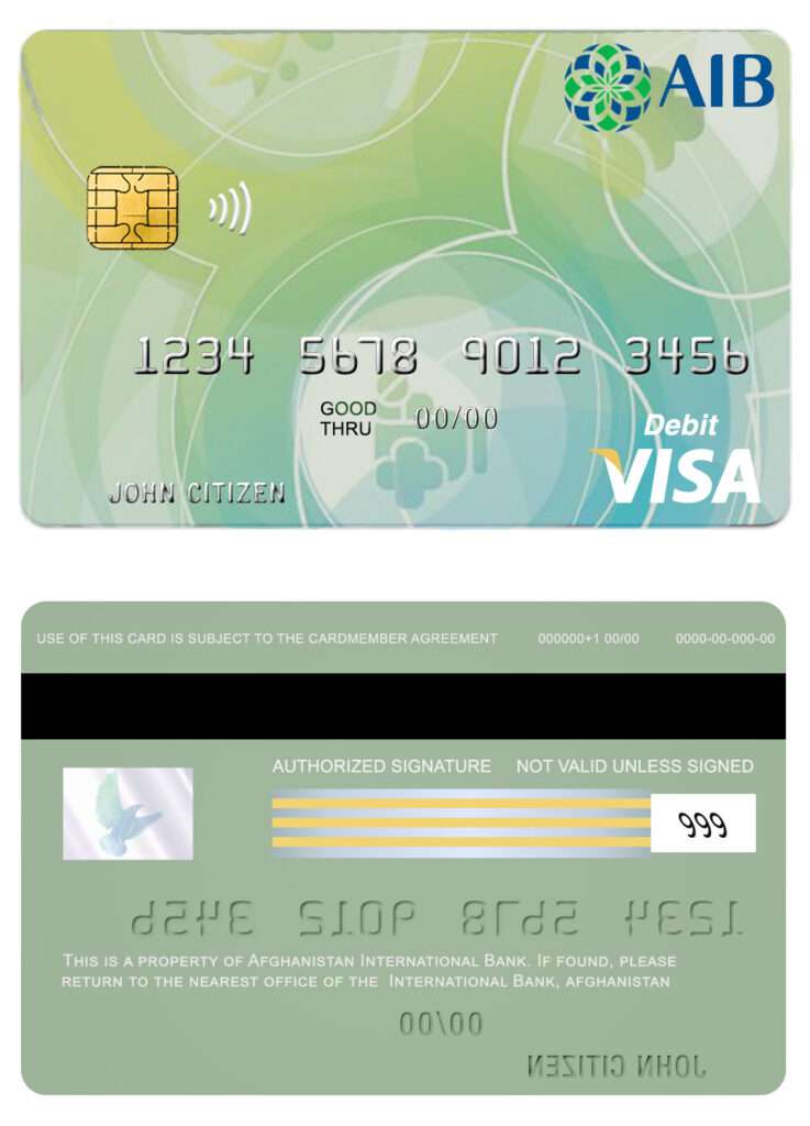 Editable Afghanistan International Bank debit visa card Templates