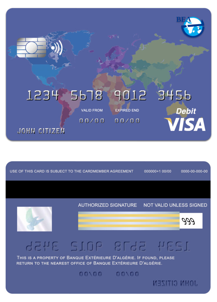 Editable Algeria banque extérieure visa card Templates in PSD Format