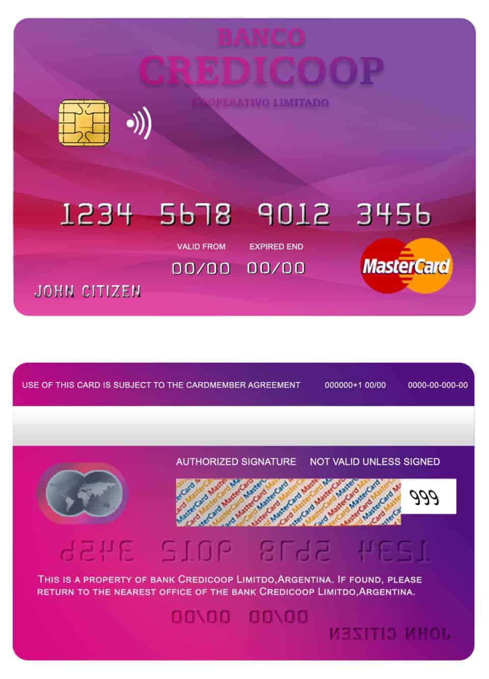 Editable Argentina bank Credicoop bank mastercard credit card Templates in PSD Format