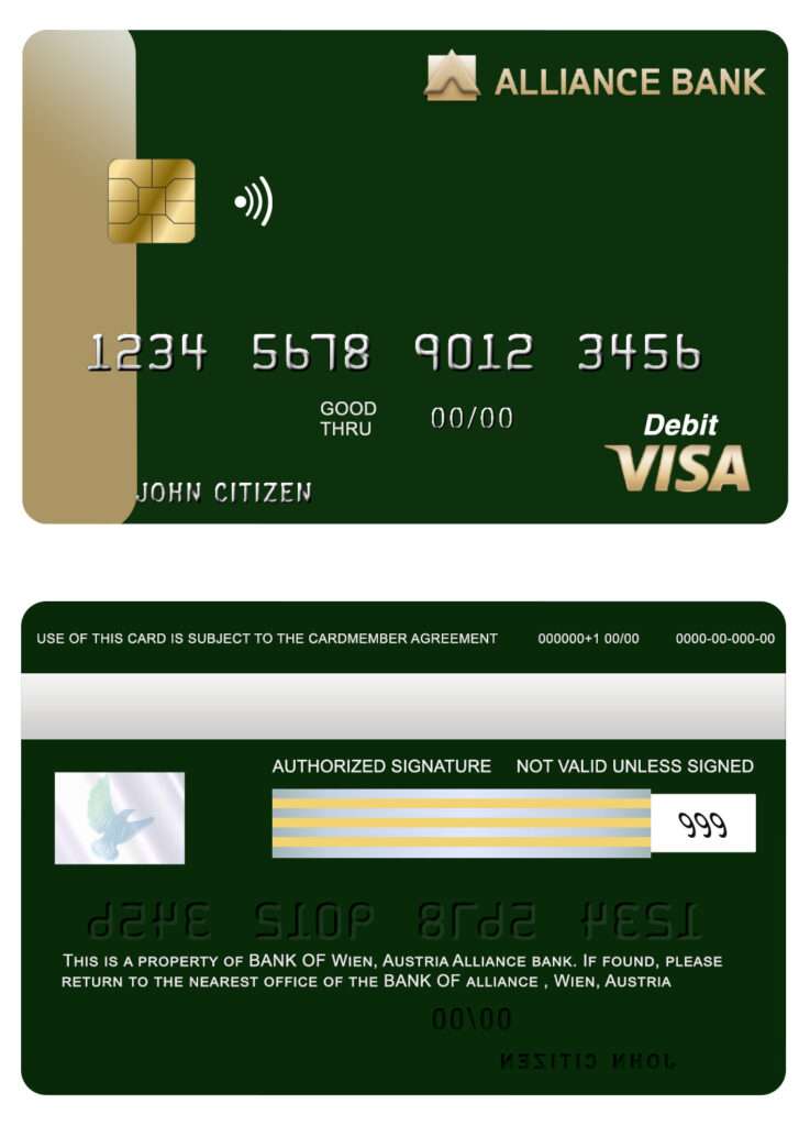 Editable Austria Alliance bank visa card Templates