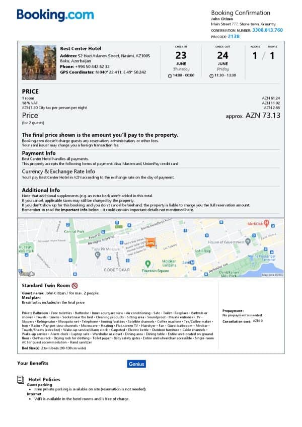 Editable Azerbaijan Hotel Booking Form Template | Fillable PDF