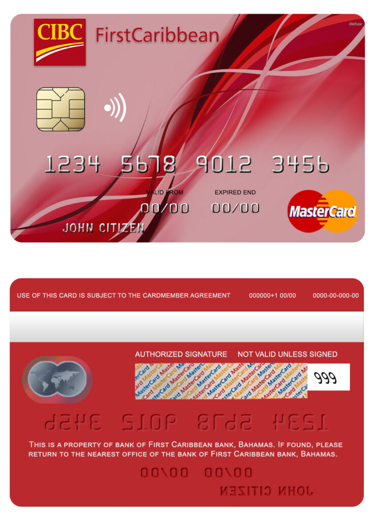 Editable Bahamas First Caribbean bank mastercard credit card Templates in PSD Format