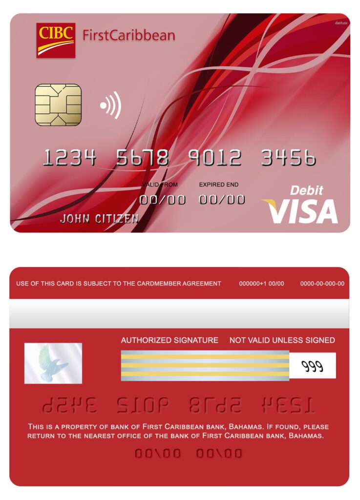 Editable Bahamas First Caribbean bank visa debit card Templates
