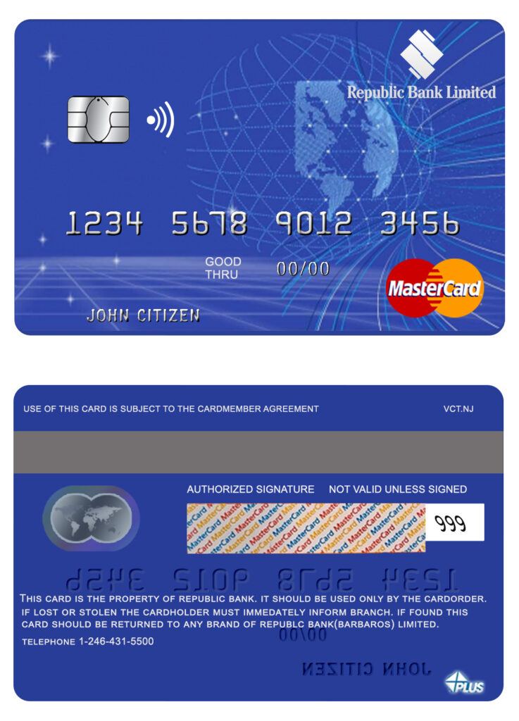 Editable Barbados Republic Bank mastercard Templates