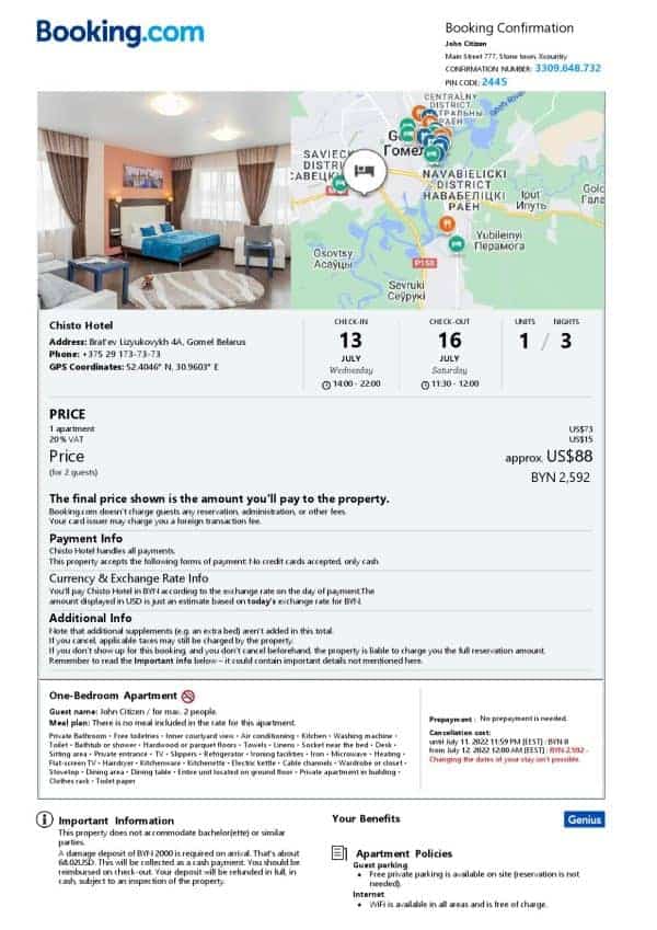 Editable Belarus Hotel Booking Form Template | Fillable PDF