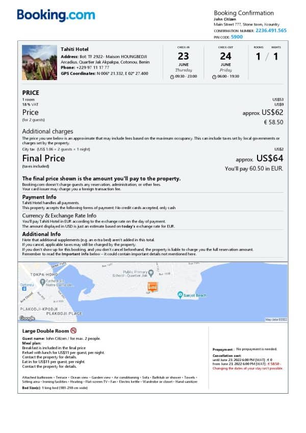 Editable Benin Hotel Booking Form Template | Fillable PDF