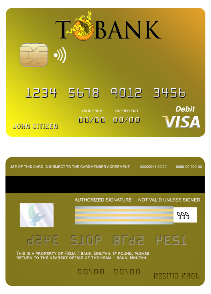 Editable Bhutan T bank visa card Templates in PSD Format