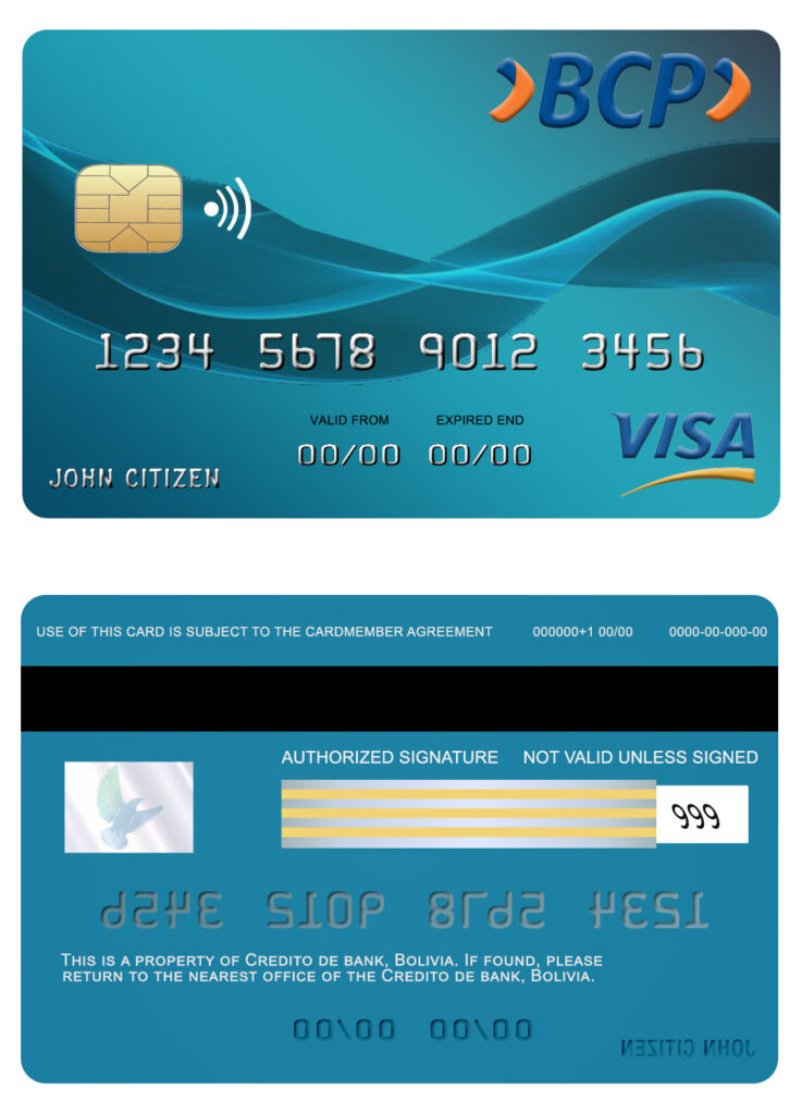 Editable Bolivia Credito bank visa card Templates in PSD Format